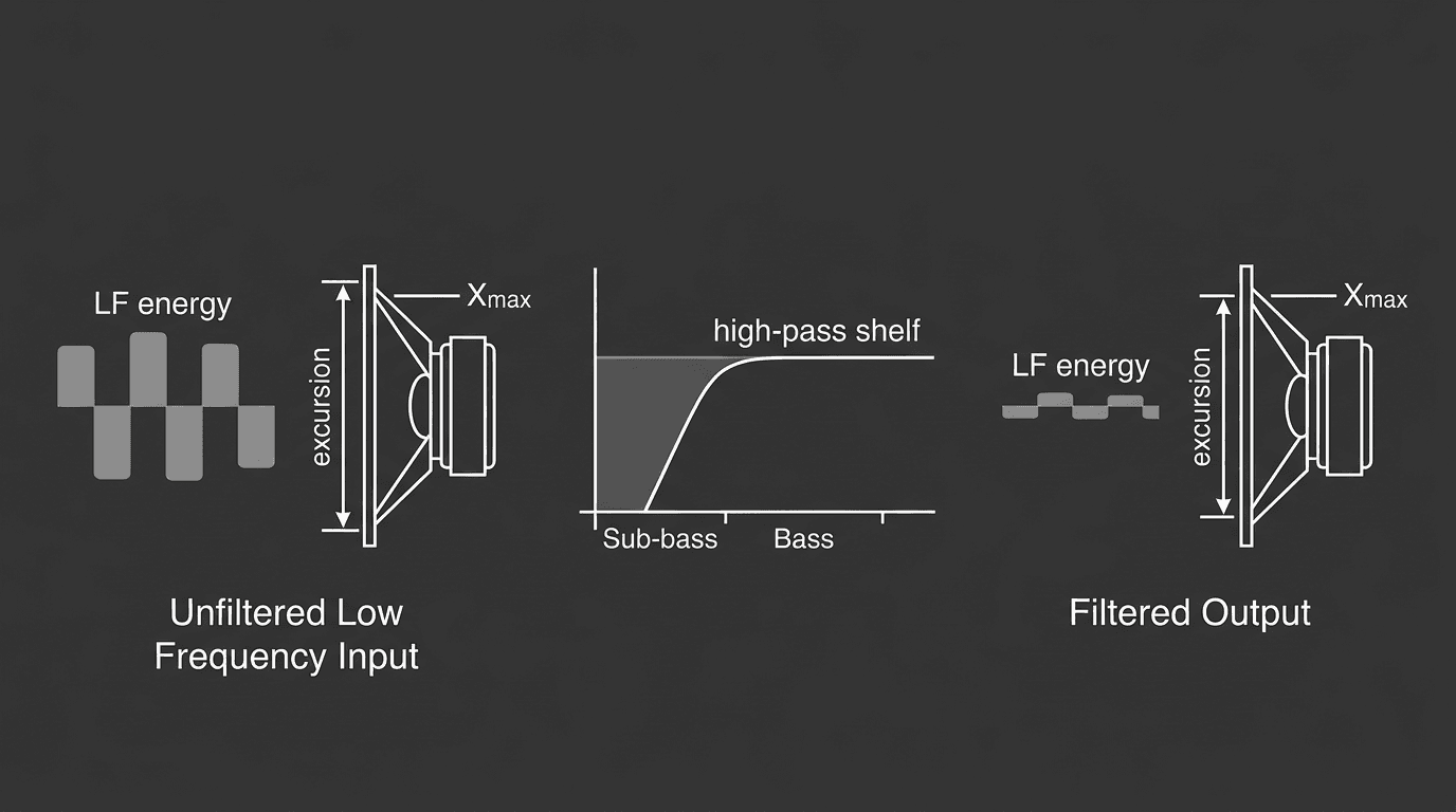 Excursion limiting: tame low-frequency content and use a high-pass shelf so the cone stays within safe travel