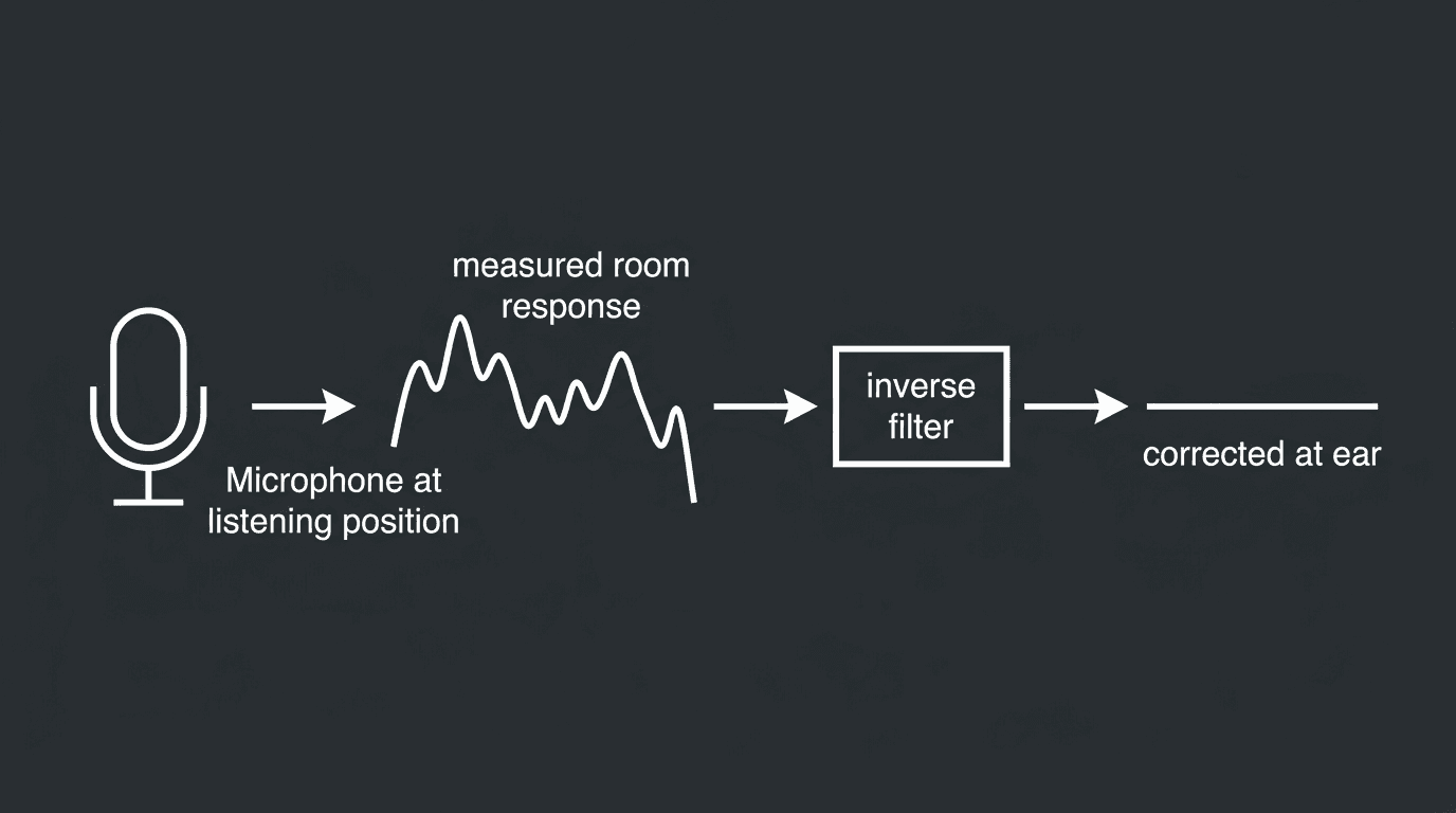 Room correction: measure response at the listening position, apply an inverse filter to subtract the room’s coloration
