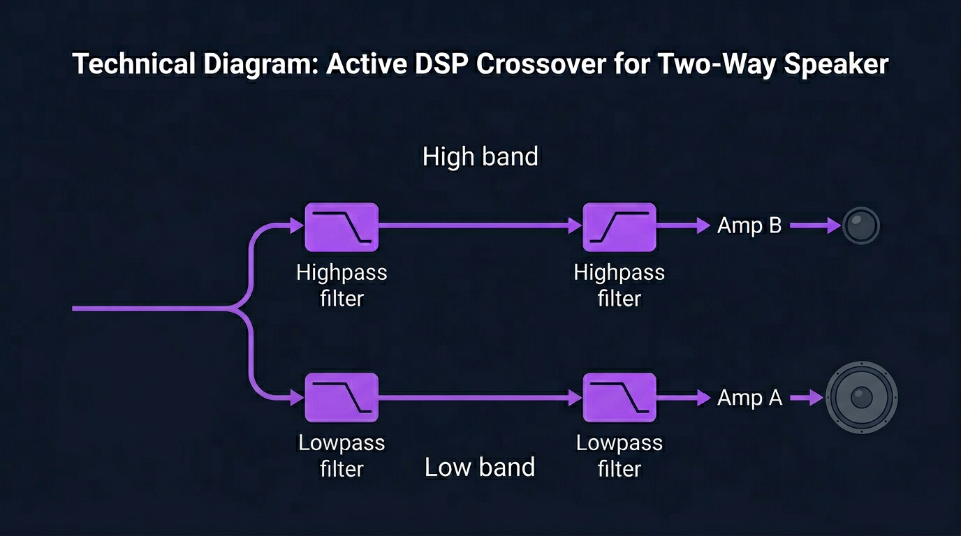 Active DSP crossover: low band to woofer and high band to tweeter, each with its own amplifier