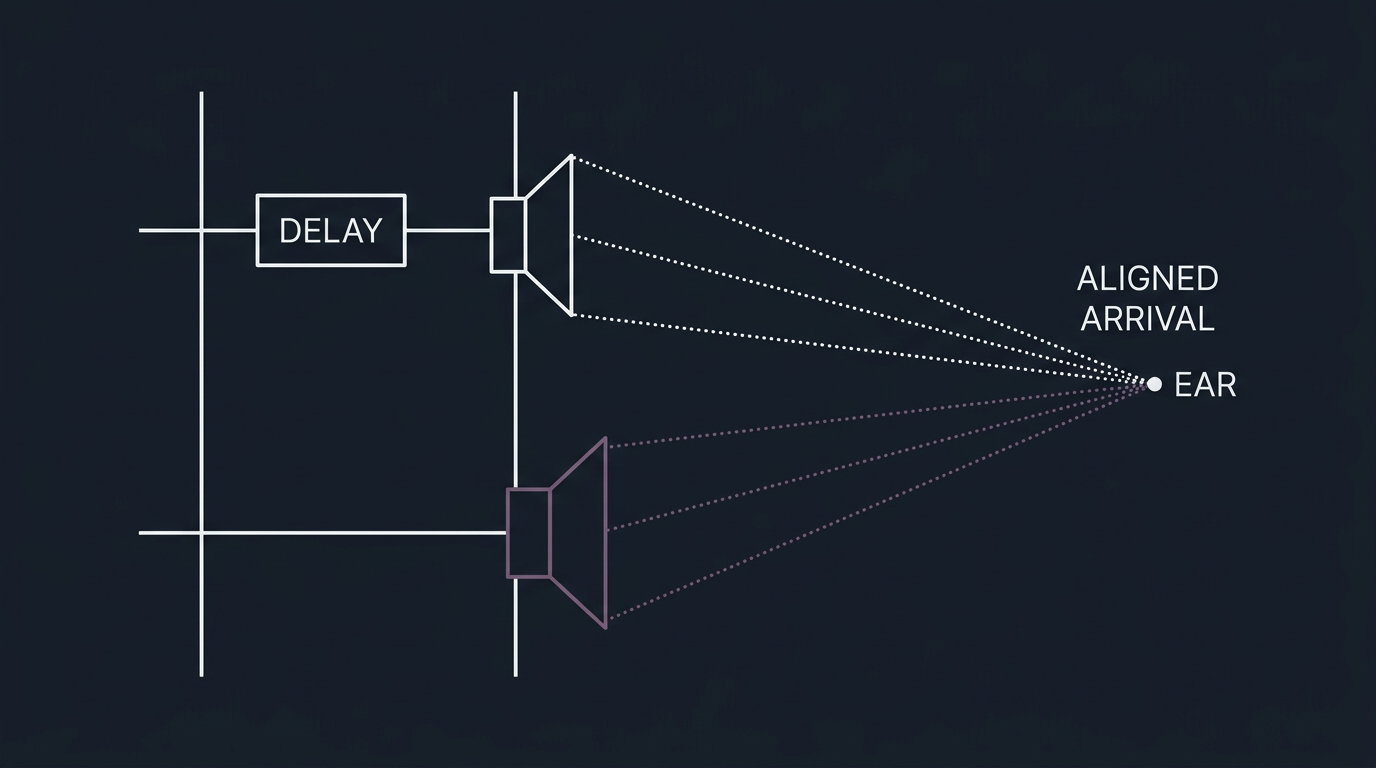 Time alignment: digital delay on the path that arrives early so both drivers reach the ear in phase