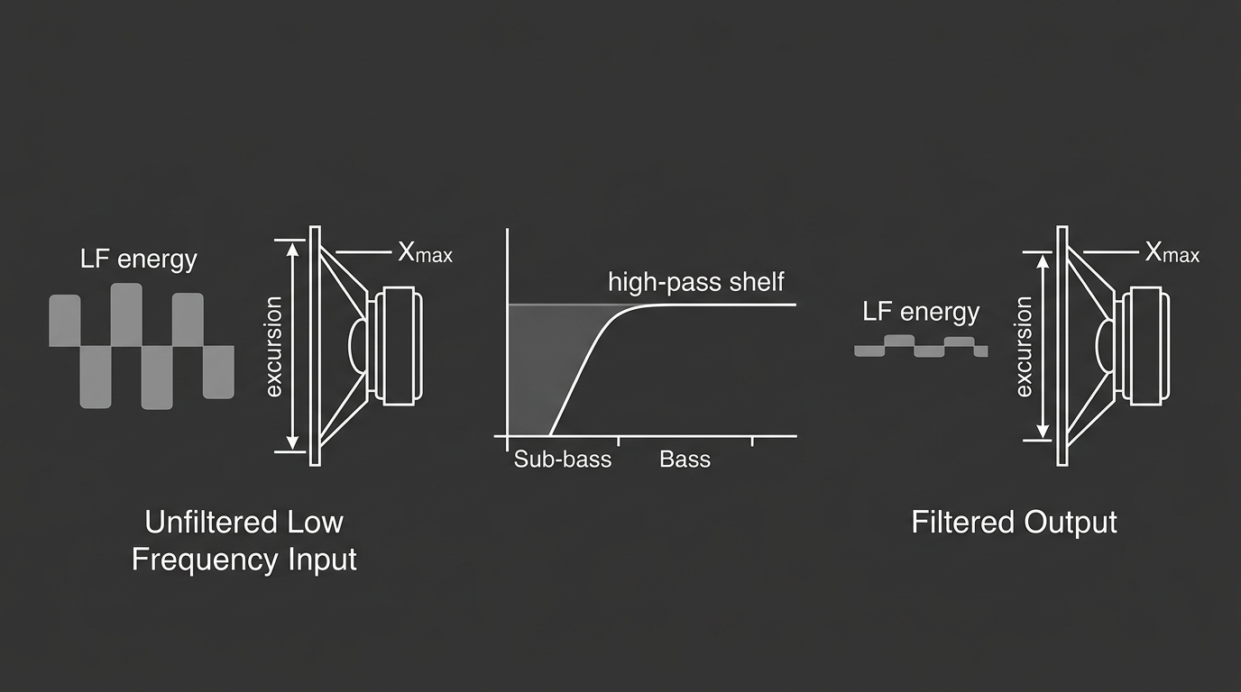 Excursion limiting: tame low-frequency content and use a high-pass shelf so the cone stays within safe travel
