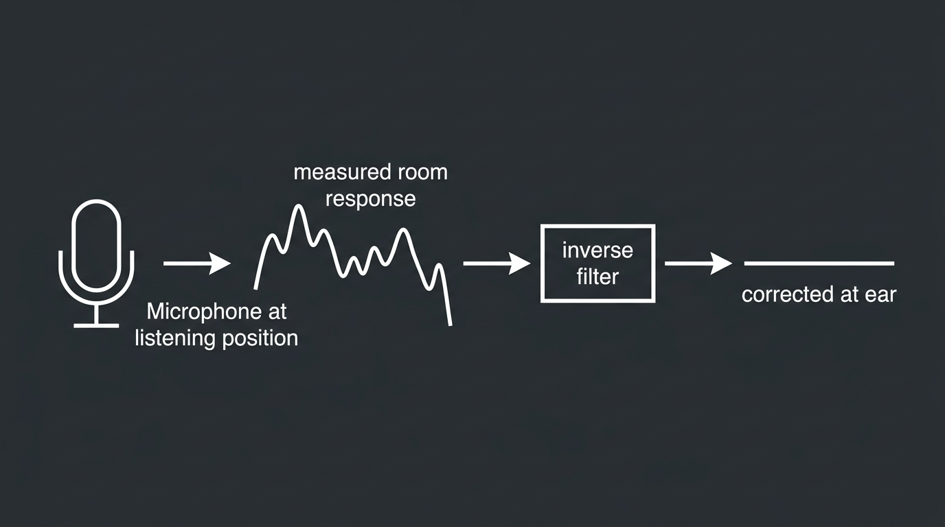 Room correction: measure response at the listening position, apply an inverse filter to subtract the room’s coloration